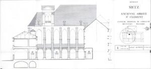 Coupe longitudinale de la façade intérieure du cloître par Pierre Colas, architecte des monuments historiques Abbaye Saint-Clément de Metz