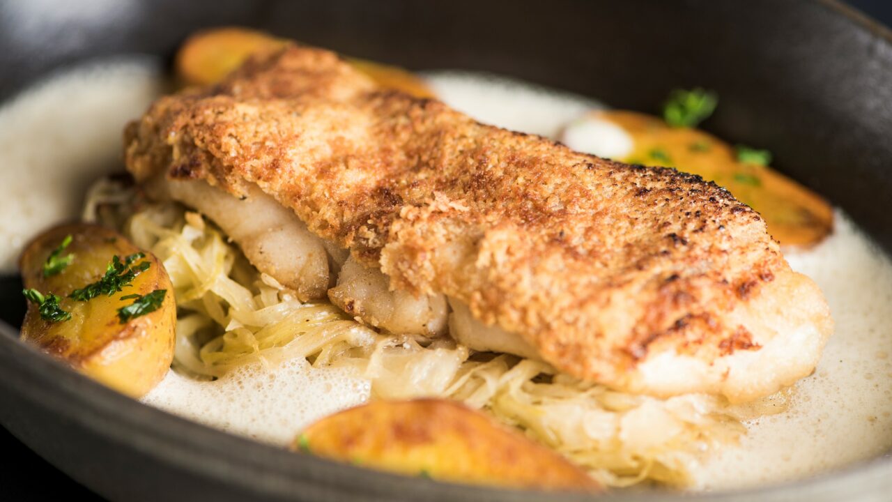 Sandre à la choucroute caramélisée en croûte de raifort